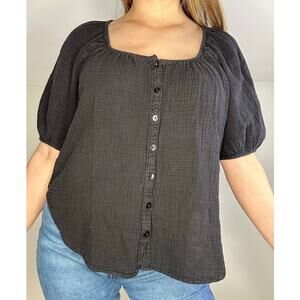 Pilcro Black Textured Square Neck Button Down Blouse